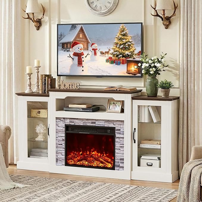 70“ Fireplace TV Stand, 4800 BTU Electric Fireplace with Mantel, Farmhouse Style Wooden TV Console Entertainment Center with Storage, Remote Control, Heating for Living Room, Bedroom, White