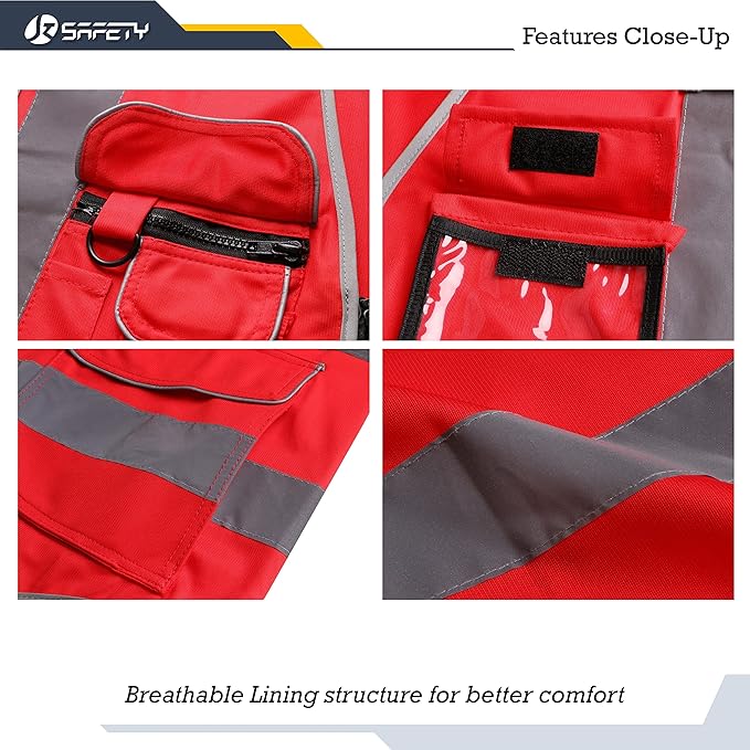 JKSafety 9 Pockets High Visibility Zipper Front Safety Vest With Reflective Strips,Meets ANSI/ISEA Standard (XX-Large, 150-Red)