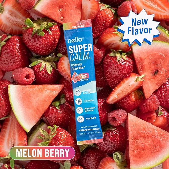 Nello Supercalm Powdered Drink Mix, Cortisol Reducer* and Sleep Aid Supplement, L Theanine, Ksm-66 Ashwagandha, Magnesium Glycinate, Vitamin D 3, No Sugar, Non GMO, On The Go, 20 Ct, Melon Berry