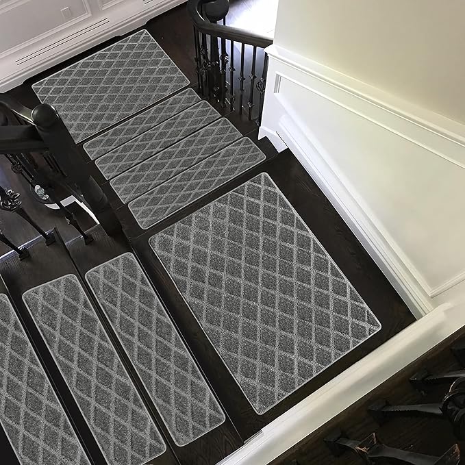 PURE ERA Carpet Stair Treads Tape Free Non Slip Indoor Stair Carpet Stair Protectors Pet-Friendly Non-Slip Skid Resistant Washable Reusable 8" x 30"(2 Pieces,Gray Diamond Trellis)
