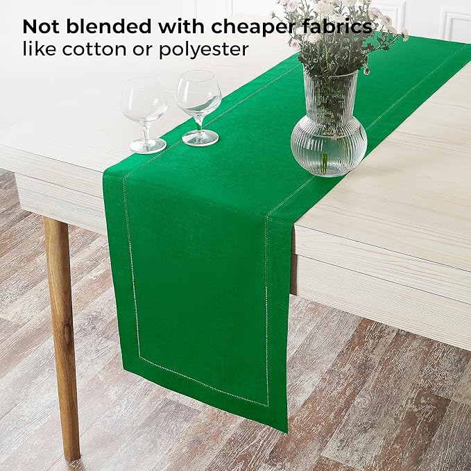 D'Moksha Homes Linen Kelly Green Table Runner 48 Inches - Classic Hemstitch, 100% Pure Linen Coffee Table Runner 14 x 48 Inch Ideal for Dresser Tables - St Patricks Day, Easter