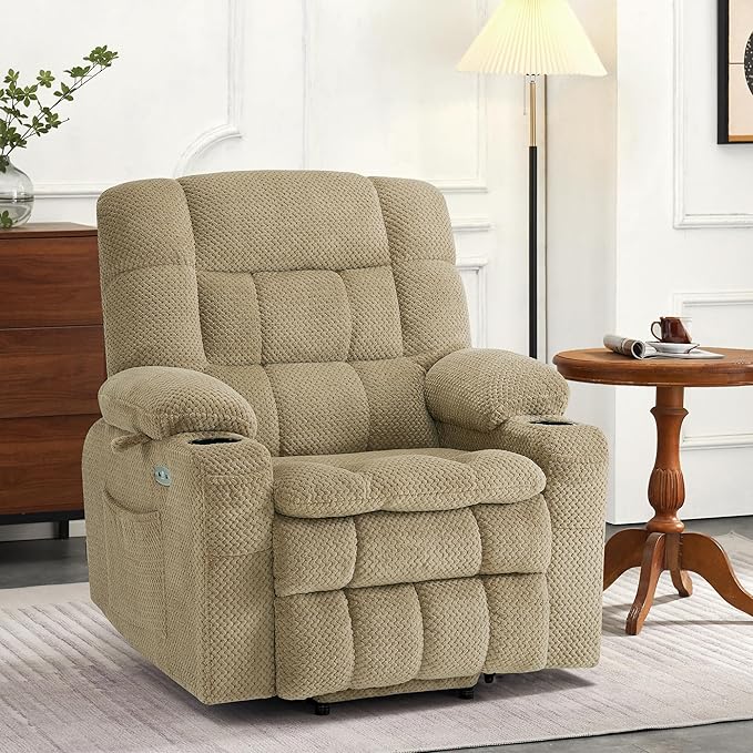 MCombo Dual Motor Power Lift Recliner Chair for Elderly, Lay Flat Lift Chair with Heat and Massage, Petite Lift Chair, Cup Holders, USB A&C Ports, Fabric 7893 (Small, Beige)