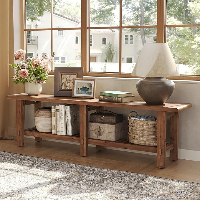 LITTLE TREE Solid Wood Entryway Bench, 63" End of Bed Bench with Shoe Storage Rack, Farmhouse Narrow Seating for Bedroom, Living Room, Entry, Front Door, Entrance, Window, Hallway, Foyer, Rustic Brown