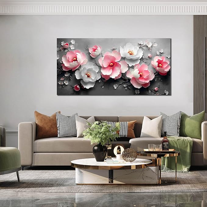 Flower Canvas Wall Art for Living Room - Pink and White Room Decor for Women - Girls Bedroom Wall Decor Size 29" x 59"
