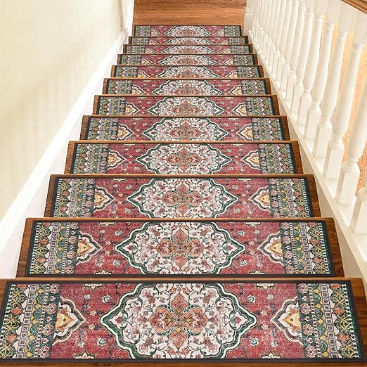Non Slip Stair Treads for Wooden Steps Indoor, Red, 15pcs, 30"X8", Soft Carpet Mat, Machine Washable Boho Carpet Treads with Reusable Adhesive Backing, Safety Stair Tread for Dogs, Kids, Elders