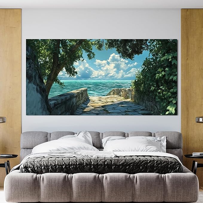 Canvas Wall Art Decor Large Wall Art Pictures for Living Room Artwork for Walls Landscape Natural Wall Art Decor Green Coastal Wall Art Prints Seaside Path Art Work for Home Office Wall Decor 29"x58"