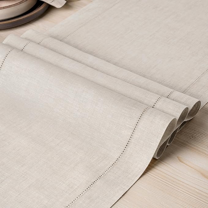 D'Moksha Homes Linen Light Natural Table Runner 48 Inches - Classic Hemstitch, 100% Pure Linen Coffee Table Runner 14 x 48 Inch Ideal for Dresser Tables, Valentines, Spring, Easter