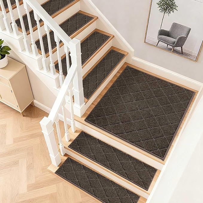 COSY HOMEER Edging Stair Treads Non-Slip Corner Indoor Stair Runners for Wooden Steps,Landing Slip Resistant Stair Rugs Mat for Kids and Dogs,100% Polyester TPE Backing,Brown,30x30 inch