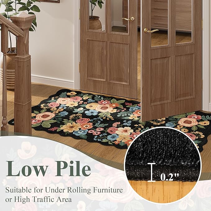 DUKINO 2x10 Runner Rug for Hallway, Washable Kitchen Rug with Non Slip Backing & Non-Shediing, Soft Low Pile Floral Design Runner for Bedroom, Kithchen, Living Room, Laundry, Bathroom, Black