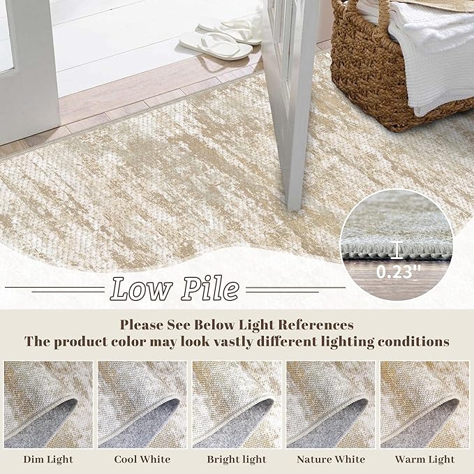 Abstract Washable Runner Rug 2x6, Hallway Rug Non-Slip, Woven Non-Shedding Thin Runners for Entryway, Kitchen, Laundry Room, Beige&Yellow