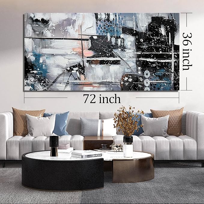 THRLVEART Abstract Painting Wall Art For Living Room Black And White Wall Decor For Office Huge Canvas Wall Art For Bedroom Size 36 x 72 Inch