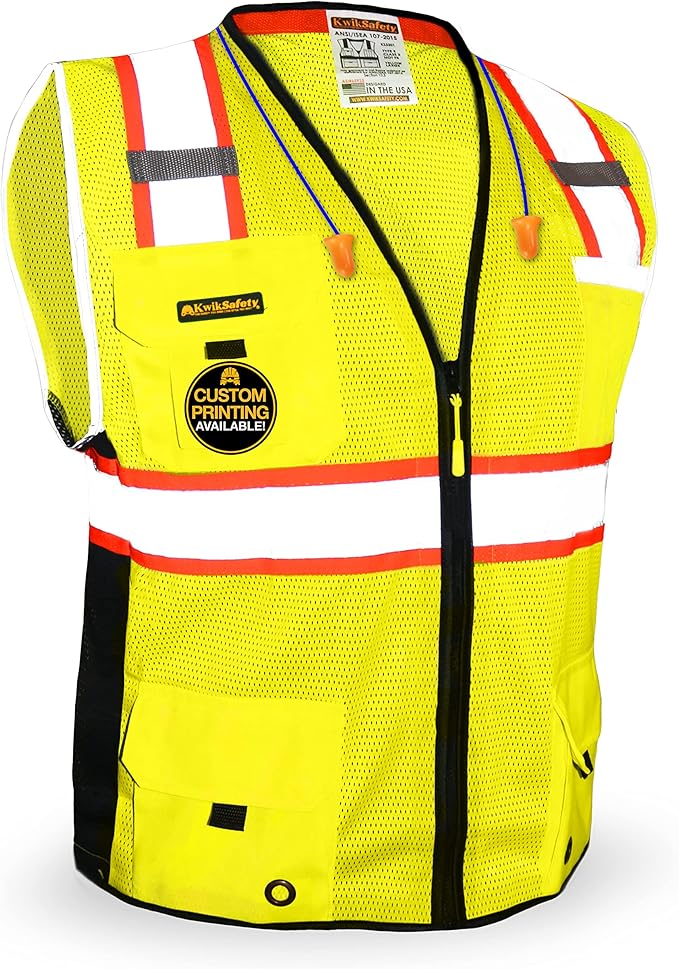KwikSafety - Charlotte, NC - BIG KAHUNA Safety Vest [11 Pockets] Class 2 ANSI OSHA Reflective Vest Durable High Visibility Vest Construction Safety Vest for Men Industrial Work Gear/Yellow 3XL