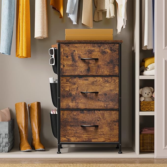 Night Stand Set 2,Night Stand with Drawers for Bedroom,Bedside Table with Wooden Top,Sturdy Steel Frame End Table,Dorm Small Nightstand for Bedroom,Entryway,Hallway,Cloth Bags,Hooks,Rustic Brown