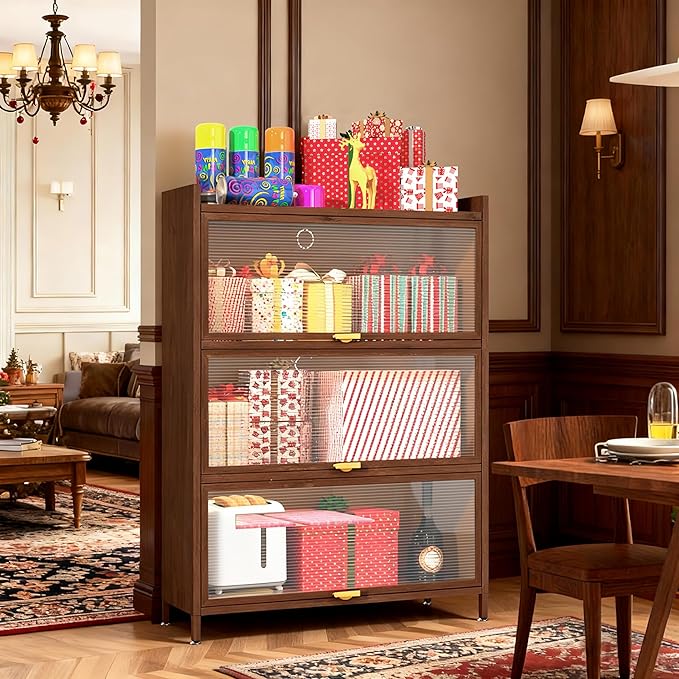 44'' Tall Metal Storage Cabinet with 3 Flip Doors, Freestanding Steel Organizer with Ample Storage Space for Bedroom Living Room Kitchen Office Entryway, Storage Organizer Walnut Finish
