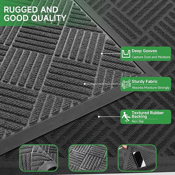 Front Door Mat, Heavy Duty Indoor Outdoor Doormat, 48" x 36" Low Profile Outdoor Mats for Home Entrance, Stain and Fade Resistant Welcome Mat Ideal for High Traffic Area, Diamond Grey
