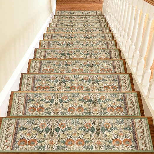 Non Slip Stair Treads for Wooden Steps Indoor, Sage Green, 15pcs, 30"X8", Soft Carpet Mat, Machine Washable Boho Carpet Treads with Reusable Adhesive Backing, Safety Stair Tread for Dog, Kid, Elder