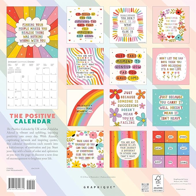 Graphique 2026 The Positive Calendar Wall Calendar | 12” x 12” | Thick Paper | Home & Office Organizer | Large Monthly Grid | 3 Languages & Marked Holidays | 4 Month Preview Page for 2027