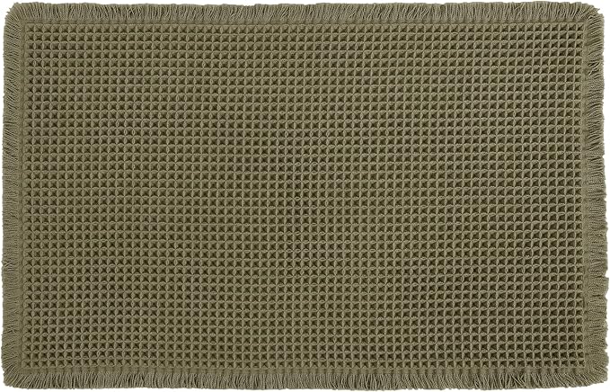 Hiasan Waffle Bath Mat, Super Absorbent Non Slip Bathroom Boho Rug with Tassels, Machine Washable Bath Mats for Bathroom, Ultra Soft Rubber Backed Rug, Grayish Green, 24 x 60 Inches