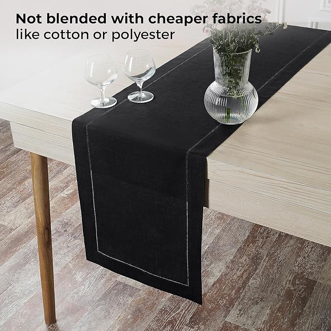 D'Moksha Homes Linen Black Table Runner 120 Inches Long - 100% Pure Linen Hemstitch 14 x 120 Inch Table Runner for Dining, Spring, Easter - Classic Hemstitch