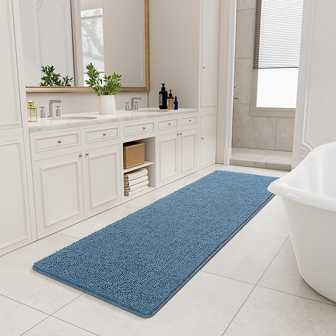 LOCHAS Luxury Bathroom Rug Shaggy Bath Mat 24 x 80 Inch, Washable Non Slip Bath Rugs for Bathroom Shower, Soft Plush Chenille Absorbent Carpets Mats, Denim Blue