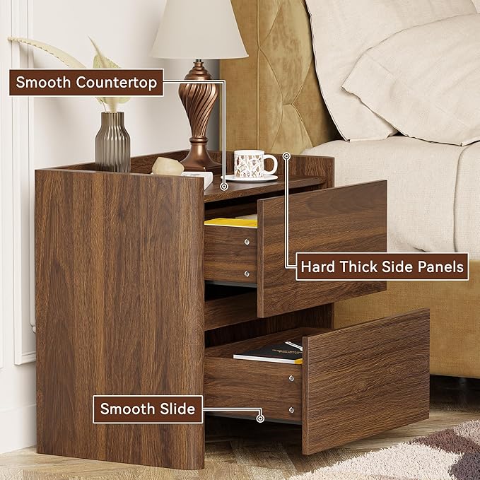 Nightstand with 2 Storage Drawer, Modern End Table for Bedroom with Cut-Out Handle, Large Night Stands for Bedroom, Home Office, Set of 1, Walnut