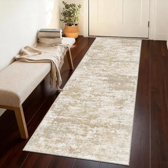 Abstract Washable Runner Rug 2x6, Hallway Rug Non-Slip, Woven Non-Shedding Thin Runners for Entryway, Kitchen, Laundry Room, Beige&Yellow