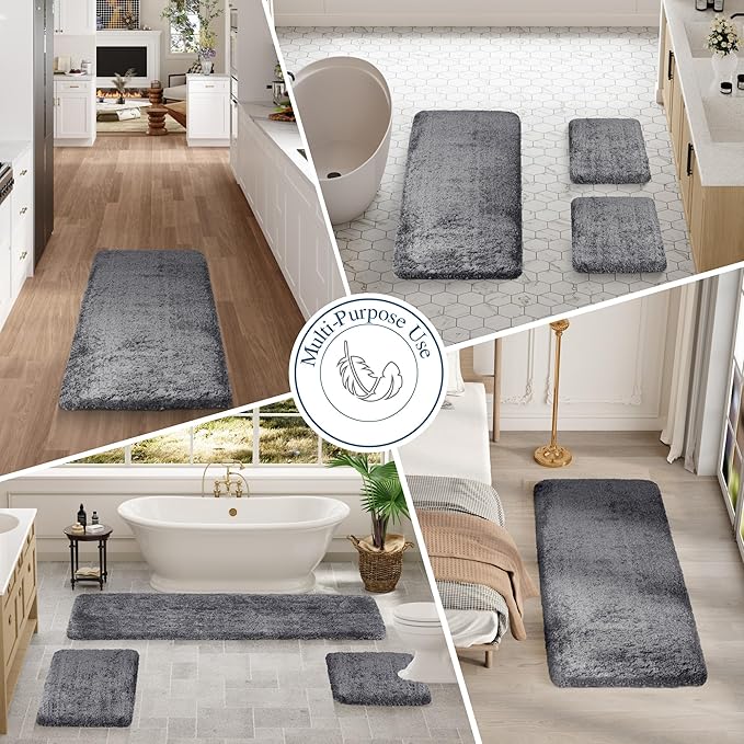 Walensee Contour Rug (20x24, Dark Grey) Non Slip Bath Mat for Bathroom - Water Absorbent Soft Microfiber Shaggy Mat, Machine Washable, U Shape