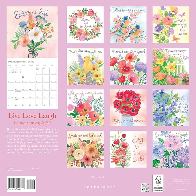 Graphique 2026 Live Love Laugh Wall Calendar | 12” x 12” | Thick Paper | Home & Office Organizer | Large Monthly Grid | 3 Languages & Marked Holidays | 4 Month Preview Page for 2027
