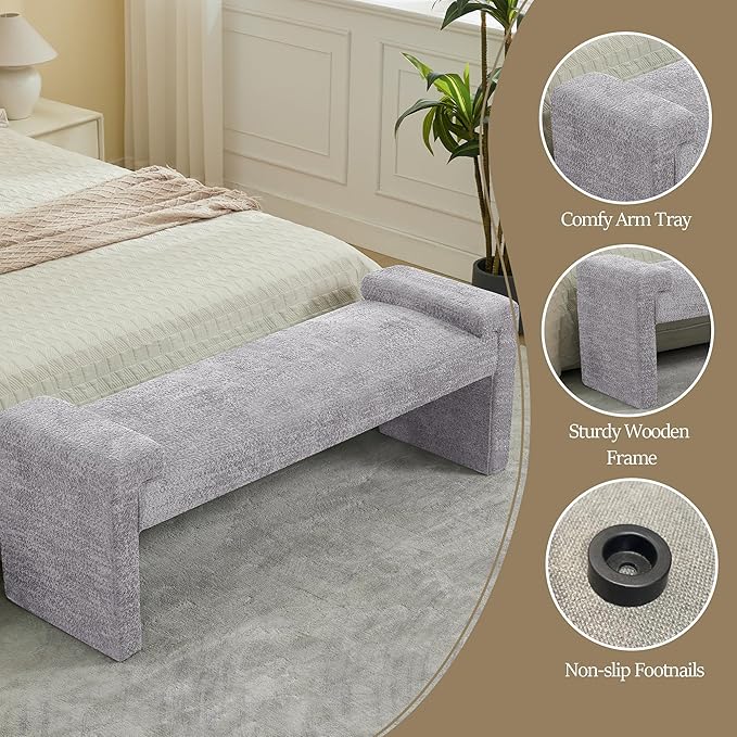 58.7" End of Bed Bench Upholstered Modern Bedroom Bench for Living Room & Entryway, Easy Assembly, Footrest Ottoman Accent Window Bench with Solid Wood Frame & Curved Arm, Grey