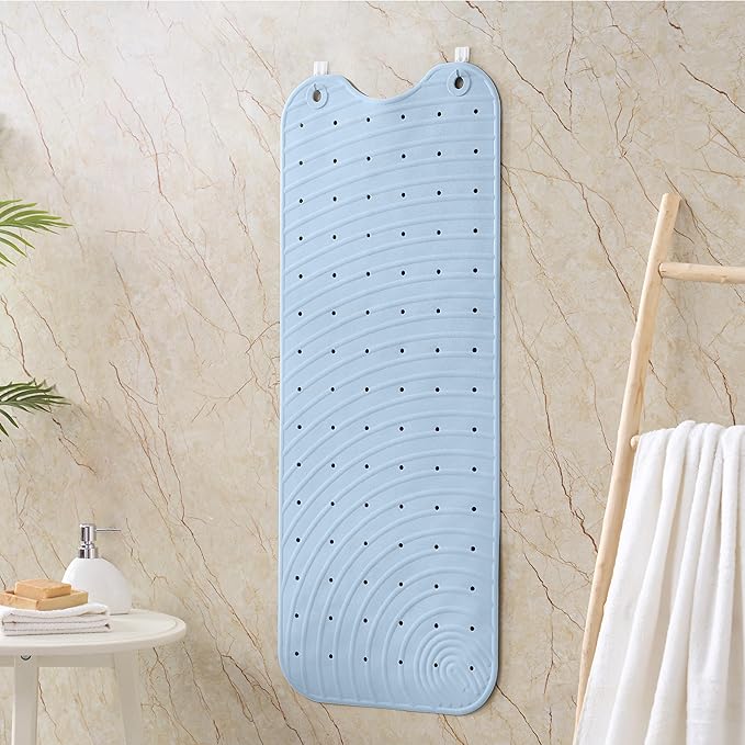 Extra Long Rubber Bathtub Mat, Non-Slip Shower Tub Mat, 39x16 Inch, Bath Tub Floor Mat with Suction Cups and Drainage Holes, Light Blue
