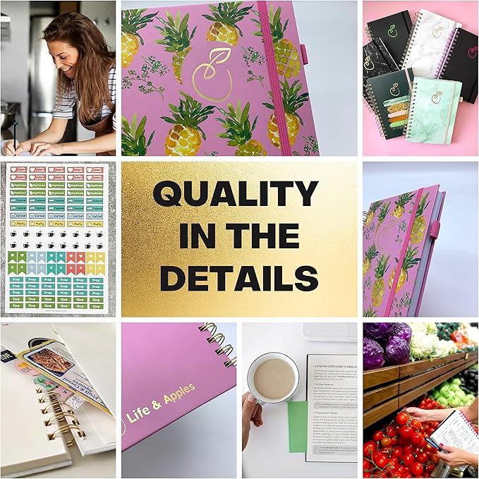 Life & Apples Meal Planner with Grocery List – Undated Weekly Menu & Meal Prep Notebook for Women & Men, Healthy Eating & Weight Loss Planner, 52-Week Spiral Bound Journal, Pineapples