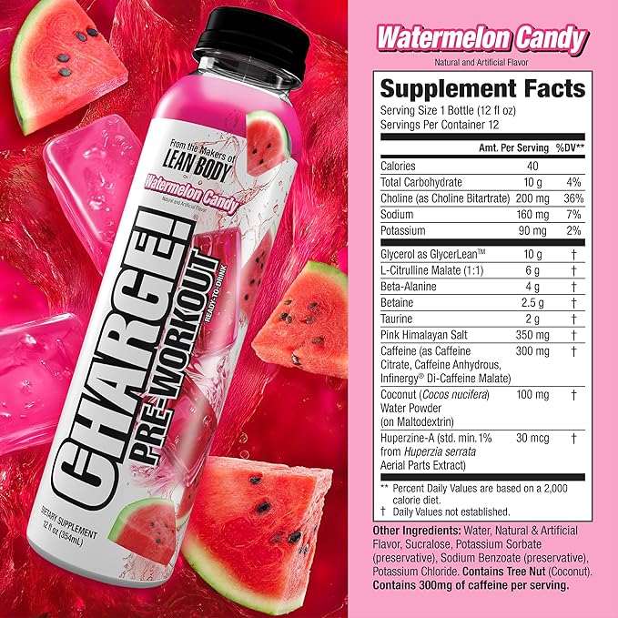 LABRADA Charge Pre Workout Watermelon Candy RTD Drink – Pump, Energy, Endurance Formula with 10g Glycerol, 6g L-Citrulline Malate, 4g Beta Alanine, 300mg Caffeine, + Total Hydration, 12 Servings