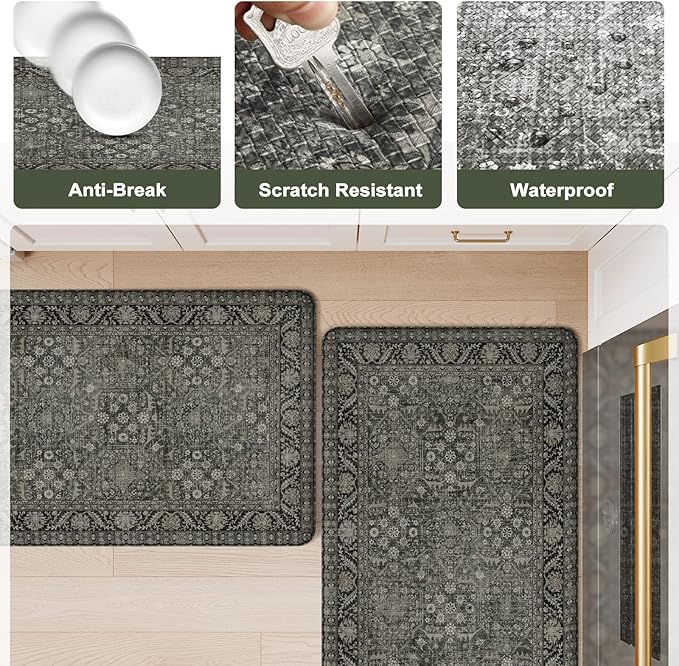 KIMODE Anti Fatigue Kitchen Mats 20"x59"+20"x32", Boho Vintage Kitchen Floor Mats Non Slip, Waterproof Kitchen Mat for Floor, Farmhouse Comfort Standing Mat for Laundry Office Sink Desk Green/Grey