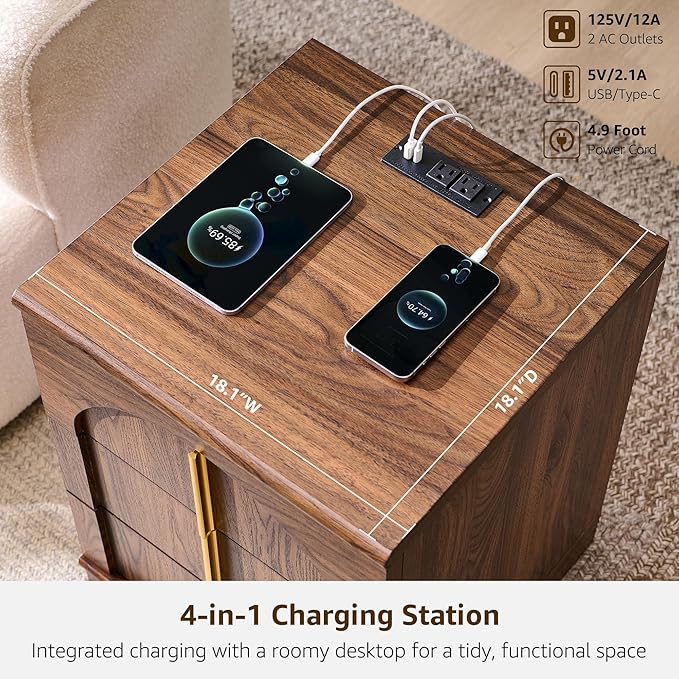 ACCOHOHO Modern Night Stand with Arched Panel, 18" Nightstand with Charging Station, Side Table with 3 Storage Drawers, Wood Square Bedside End Table for Bedroom Living Room, Brown