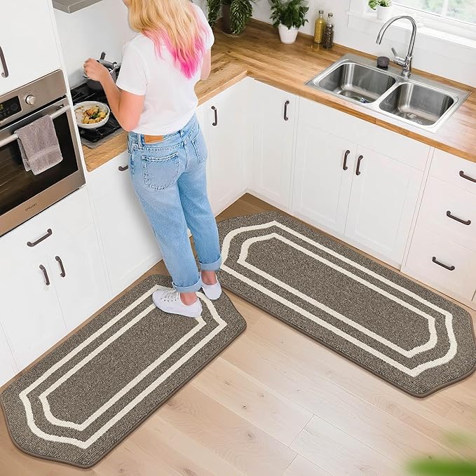 COSY HOMEER Long Kitchen Floor Mats for in Front of Sink Super Absorbent Kitchen Rugs and Mats 24"x48"+24"x59"Non-Skid Kitchen Mat Standing Mat Washable,Polypropylene,Brown,Frame