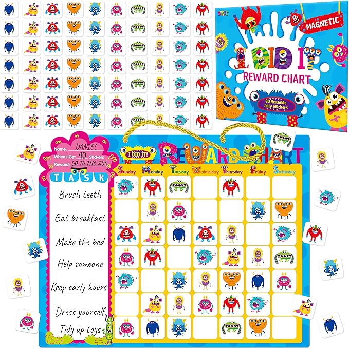 Magnetic Daily Chore Chart, Dry Erase Task Board-One Chart & 80 Jelly Stickers, Behavior Reward Chart System Monster-Themed Behavior Tracker for Kids’ Daily Routine, Potty Training