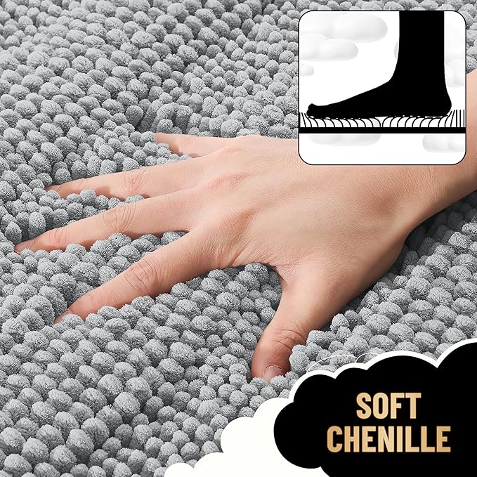 OLANLY Thick Bathroom Rugs 70x24, Extra Soft Absorbent Chenille Striped Bath Rugs, Rubber Backing, Machine Wash Dry, Bath Mats for Bathroom Floor, Tub and Shower, Home Decor Accessories, Light Grey