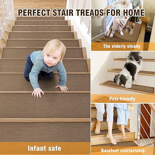 Deerly 15pcs Brown Stairs Treads and 1 Landing Carpet, Breathable Linen Stair Carpet Non Slip for Wooden Steps Peel and Stick Stairs Runner Indoor Self-Adhesive Treads Stair Covers 8"X30" and 30"X30"