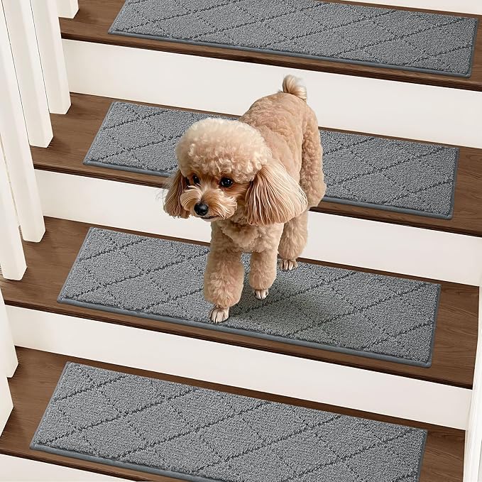 COSY HOMEER Stair Treads for Wooden Steps 9"x28" Washable Indoor Carpet Stair Treads Non Slip Soft Polyester Stair Carpet Tread Reusable Stair Runner Rugs for Kids, Elders,Pets,Medium Grey,7pcs