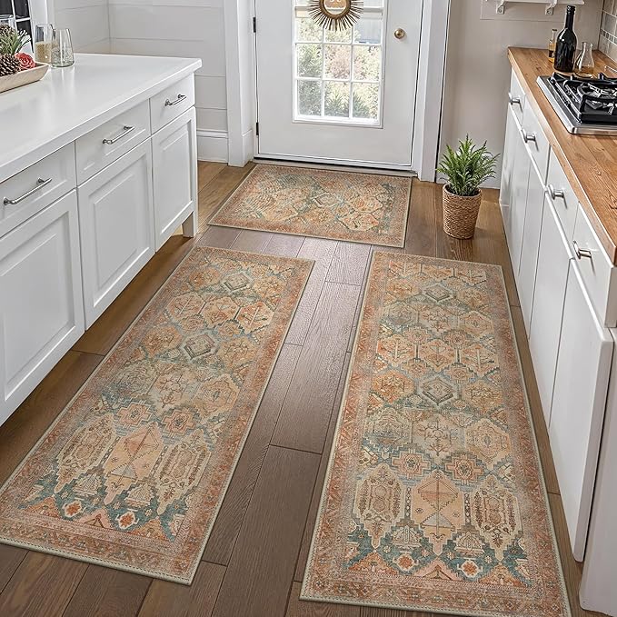 GENIMO Kitchen Mats for Floor Set of 3 Non-Slip Washable, Waterproof Lightweight Kitchen Rugs, Kitchen Floor Mat Runner Rug Carpet for Laundry, Sink, Hallway, Bathroom, Entryway, Clay