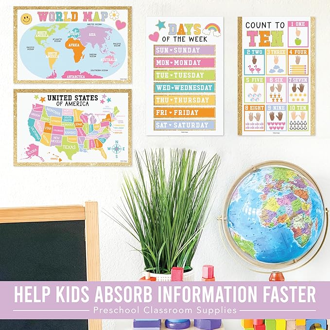 Hadley Designs 16 Educational Posters for Classroom Decor - Gold Educational Posters for Toddlers 1-3, Toddler Learning Poster for Kids Ages 3-5, Kindergarten & Preschool Classroom Must Haves