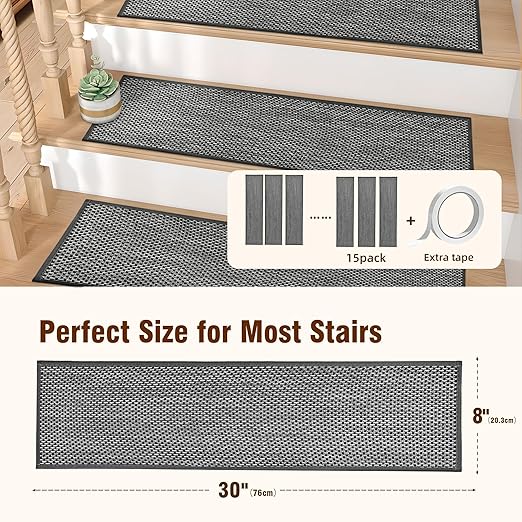 Deerly Linen Stair Treads Non Slip 15pcs Stair Runner for Wooden Steps Peel and Stick Stairs Carpet Treads Indoor Staircase Covers Mat with Self-Adhesive Backing for Pets and Kids 8"X30" Black White