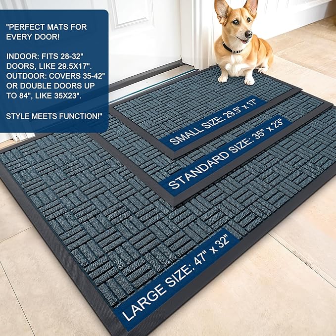 OLANLY Front Door Mat Outside Entrance 47x17, Absorbent, Heavy Duty Sturdy Natural Rubber Doormat Indoor Outdoor, Non-Slip, Stain and Fade Resistant, Low Profile Floor Mat for Entryway, Lake Blue