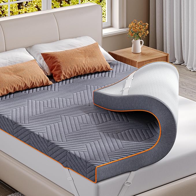 EnHomee Memory Foam Mattress Topper,4 Inch Full Mattress Topper Pressure Relief with Cooling Gel and Removable & Washable Embossed Cover, CertiPUR-US & Oeko-TEX Certified, Grey, Full