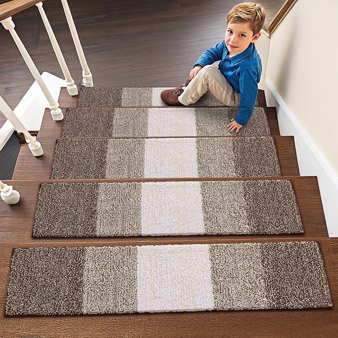 OLANLY Stair Treads Non Slip 15PCS, 8" x 30" Indoor Stair Runners for Wooden Steps, Edging Stair Rugs with Reusable Peel and Stick Adhesive for Kids Elders and Pets, Light Brown