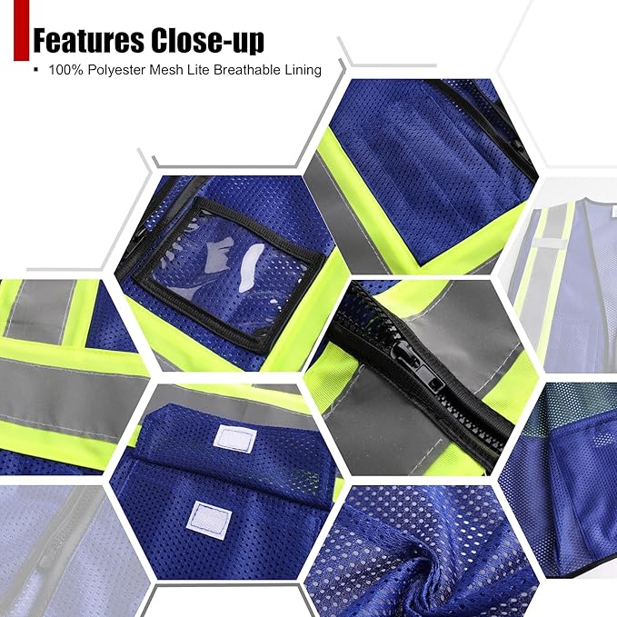 Reflective Safety Vest for Men Women Hi Vis Vest with Pockets High Visibility Vest Mesh Construction Vests Meets ANSI/ISEA Standards (Blue-33, Small)