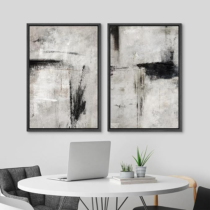 MUDECOR Framed Canvas Print Wall Art Grey Black Abstract Shape Illustrations Modern Art Decorative Bohemian Colorful Chic for Living Room, Bedroom, Office - 24"x36"x2 Black