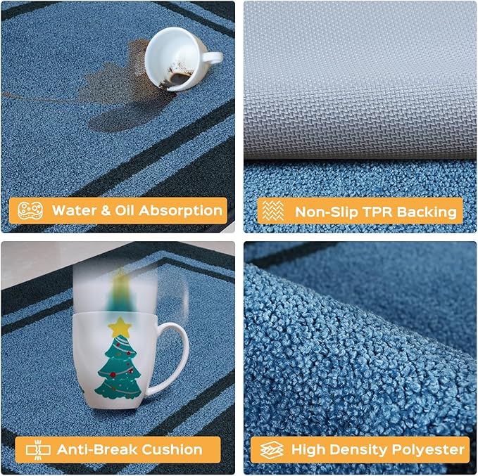Kitchen Rugs Set (24" x 36"+24" x 60"), Non-Slip Machine Washable Kitchen Runner Rugs Floor Mats, Absorbent Comfort Standing Mats for Kitchen, Laundry and Hallway, Rolled Packaging, Light Blue & Navy