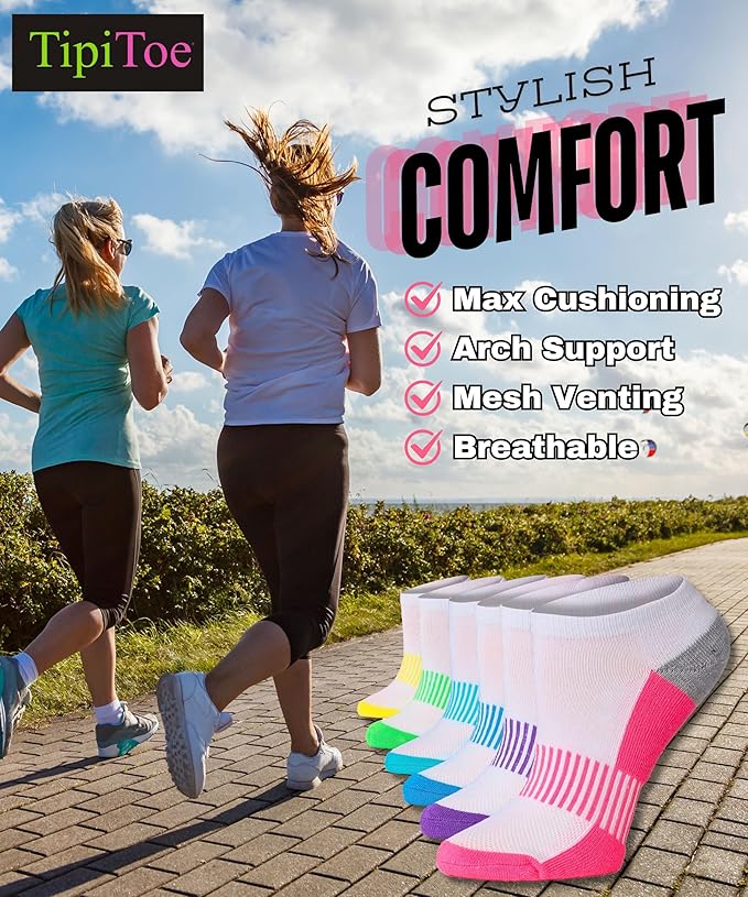 Tipi Toe Women’s 6-Pack Athletic Cushioned Running Ankle Socks – Soft, Breathable Fabric with Arch Support for Comfort