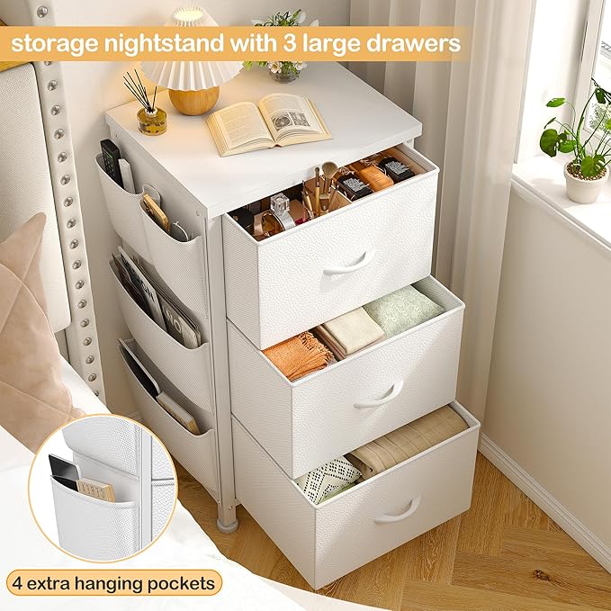 EnHomee Tall Nightstand, Night Stand with Drawers for Bedroom, Bedside Table with Wooden Top, Sturdy Steel Frame End Table, Dorm Nightstand for Bedroom, Entryway, Hallway, Closet, Cloth Bags,White
